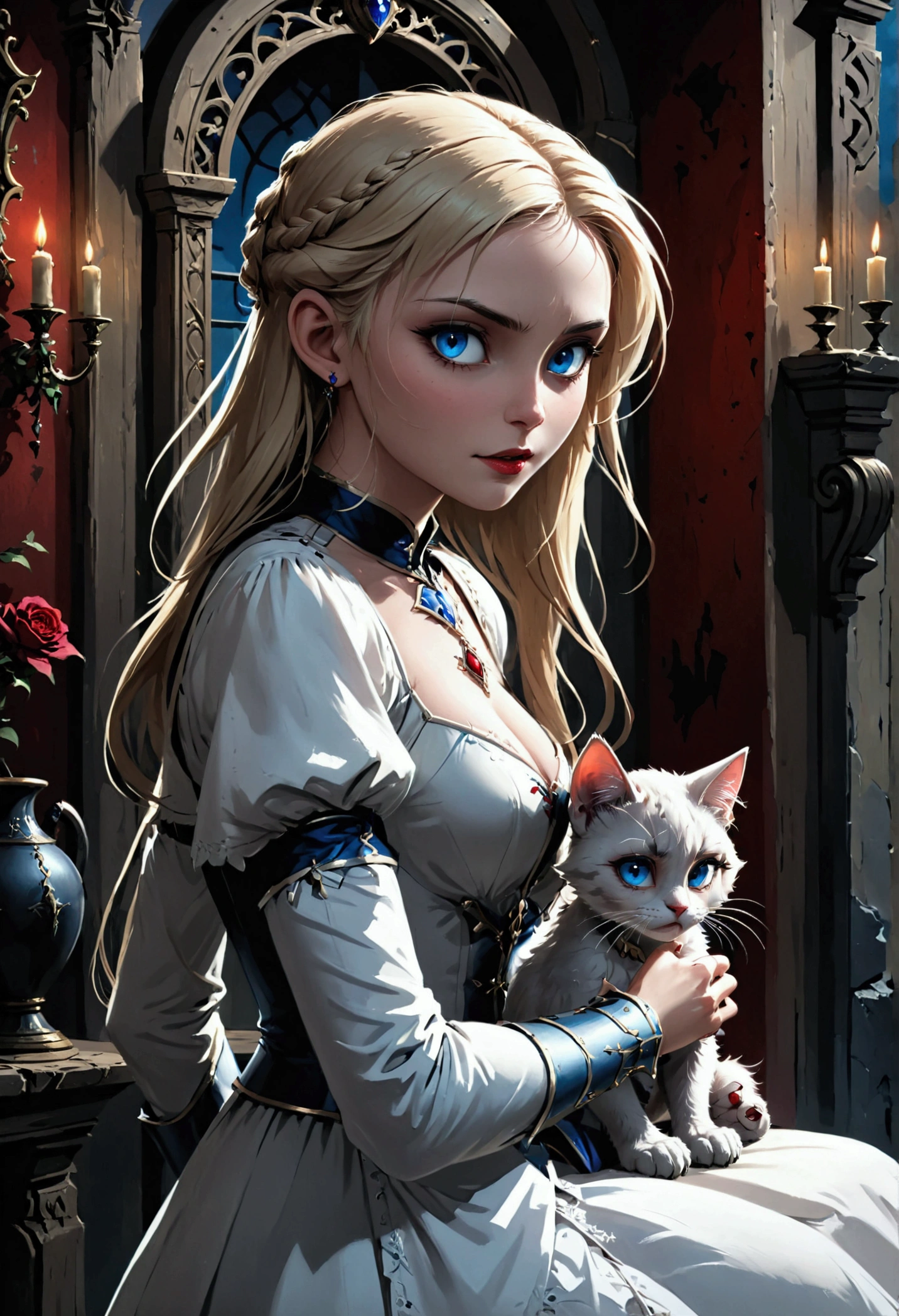 arafed a picture of elf vampire in her castle and her pet epic cat an exquisite beautiful female elf vampire (ultra details, Masterpiece, best quality), bloody mouth blond hair, pale skin, hair in a ponytail, long hair, blue eyes, cold eyes, smirking, wearing white dress (ultra details, Masterpiece, best quality), red cloak, in dark fantasy library, with an ((big cat: 1.3)) (ultra details, Masterpiece, best quality: 1.5) book shelves, arafed high details, best quality, 16k, [ultra detailed], masterpiece, best quality, (ultra detailed), full body, ultra wide shot, photorealism, RAW, dark fantasy art, gothic art, ArmoredDress, Dark Novel, Dark Art Painting Style, Bloodborne