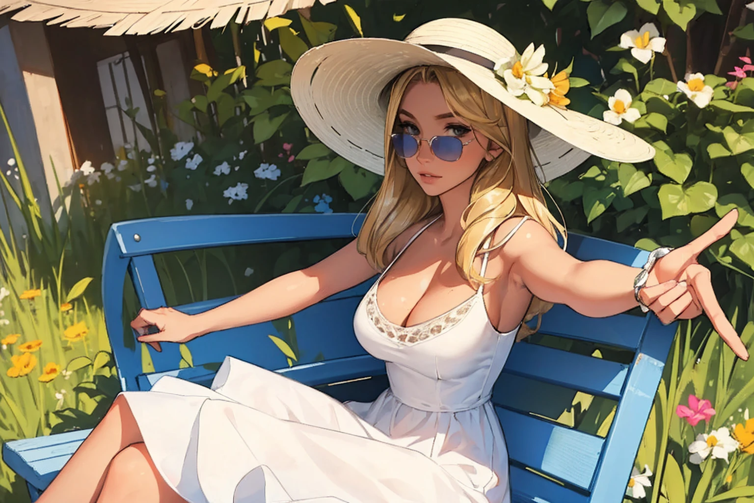 (best quality: 1.2), clean face, (masterpiece: 1.2, 8k) perfect anatomy, 1girl,a beautiful fashion model ,(masterpiece, official art, best quality shiny hair, blonde hair with streaks in hair, full lips, big breasts, slutty outfit, cleavage, shiny skin, looking at viewer, (sun dress, sun hat, sun glasses), long abdomen, horizontal, sitting with legs outstretched