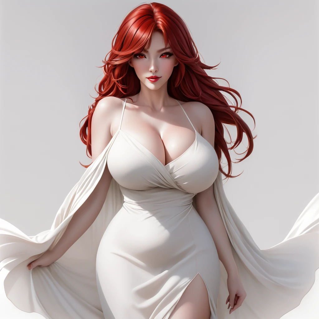 1girl, mature, red hair, red eyes, large breasts:1, white dress, simple background,