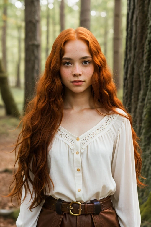 Short, light-skinned girl with long red hair, dark brown eyes, freckles, human character in fantasy book