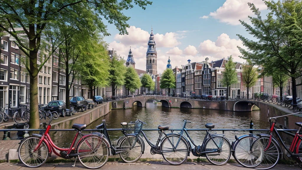illustration of Amsterdam as seen from street level. Camera View should be in the middle of the city from a sidewalk.