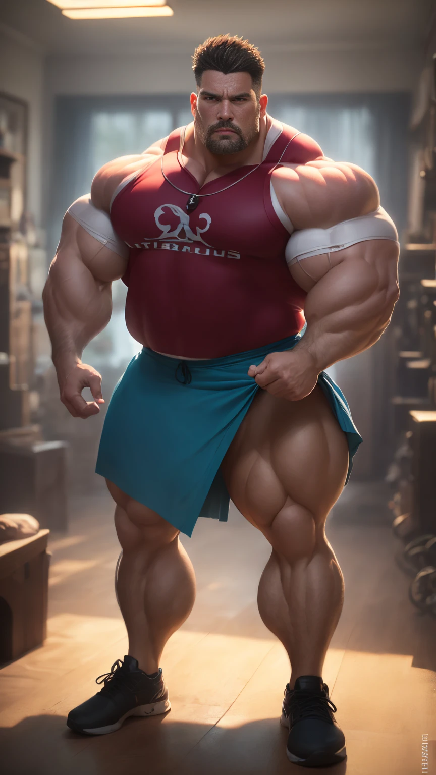 (cinematic shot), (dynamic lighting), (75mm), (realism), (realistic), (key visual), (film still), (cinematic color grading), (depth of field), (Technicolor), (Panavision), (cinemascope), (UHD), (32k))), (Mastepiece), (shiny skin), (highres, high resolution), (Advanced facial details:1.5), (photorealistic), (RAW photo), (dslr), (soft lighting), (high quality), (clearly face:1.0), (full body shot), (full body portrait:1.5), (finely detailed face:1.0), (top quality), (Best Quality), (HD photo), An award-winning original photo,A wild muscular man, (40 years old daddy:1.1), 1boy, Solo, (blue long print skirt), (big shoulders, musculature, stubbles, Short beard, Beautiful eyes:1.3, ), (chengjianbin:1), (weizhenrong:1), (Detailed face:1.3), Dynamic Angle, dramatic pose, voluminetric lighting, (Best quality, A high resolution, Photorealistic), Cinematic lighting, Masterpiece, RAW photo, Intricate details, hdr,