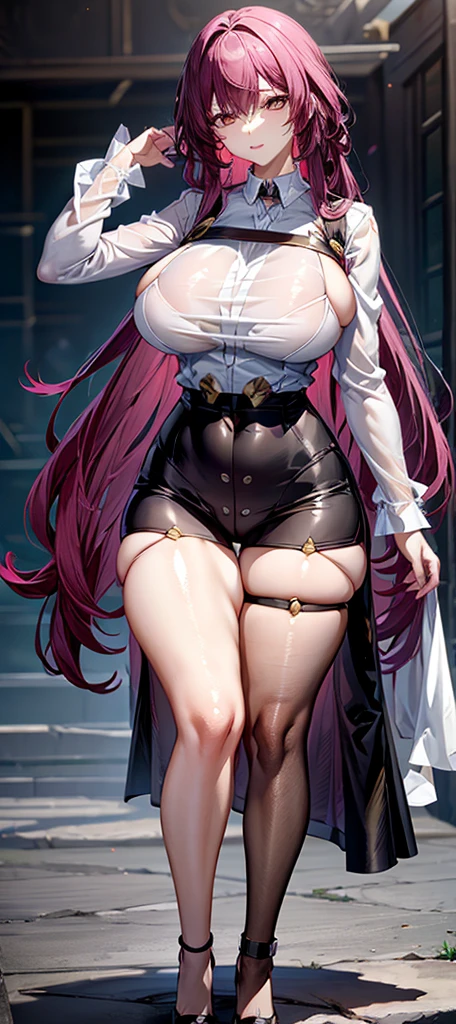 long hair,big breasts,full body,Wear a sexy outfit.,The shirt was white and so thin you could see through it.