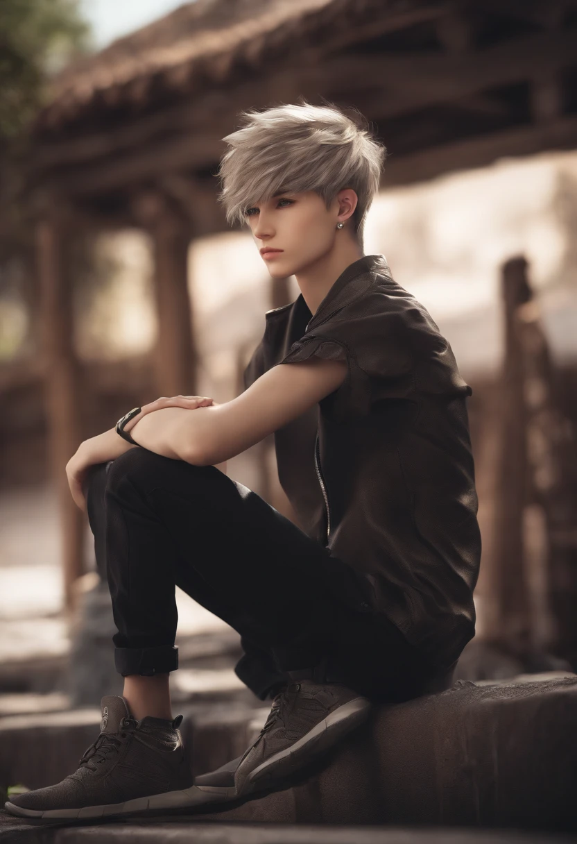 create anime style art of a 17 year old boy, short hair with undercut on the sides... Ele deve ser highy detailed, having a slightly defined body... he has to be shirtless, He will be sitting with his legs crossed and showing his feet, The feet should be well detailed with veins. highy detailed, full hd, ultra realisitic.