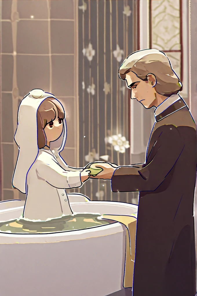 ((Лучшее качество)), ((шедевр)), (подробный), the husband is washing the bath, and in his hands he has a little wife