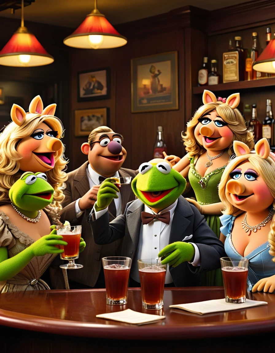 A cartoon illustration of Kermit, Sweetums, Fozzie, Gonzo, and Miss Piggy at a bar drinking Manhattans, by Graham Annable