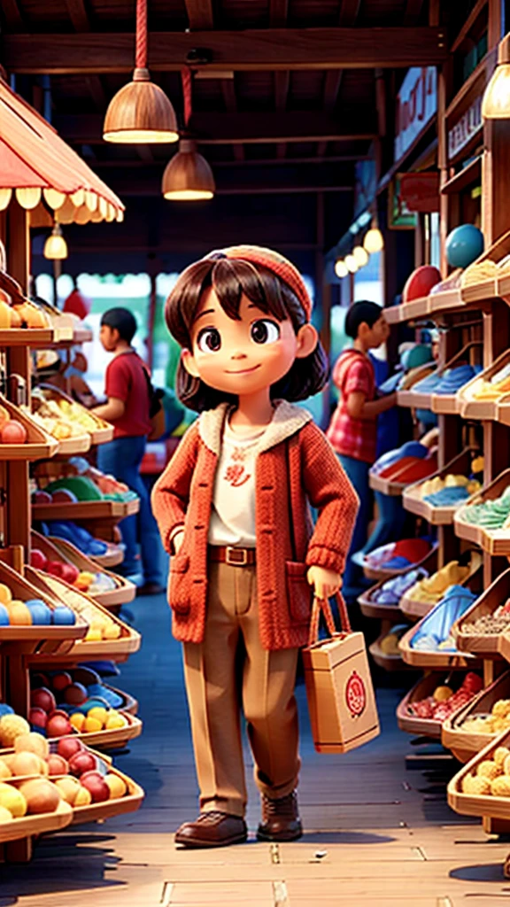 People buying wooden toys in the market