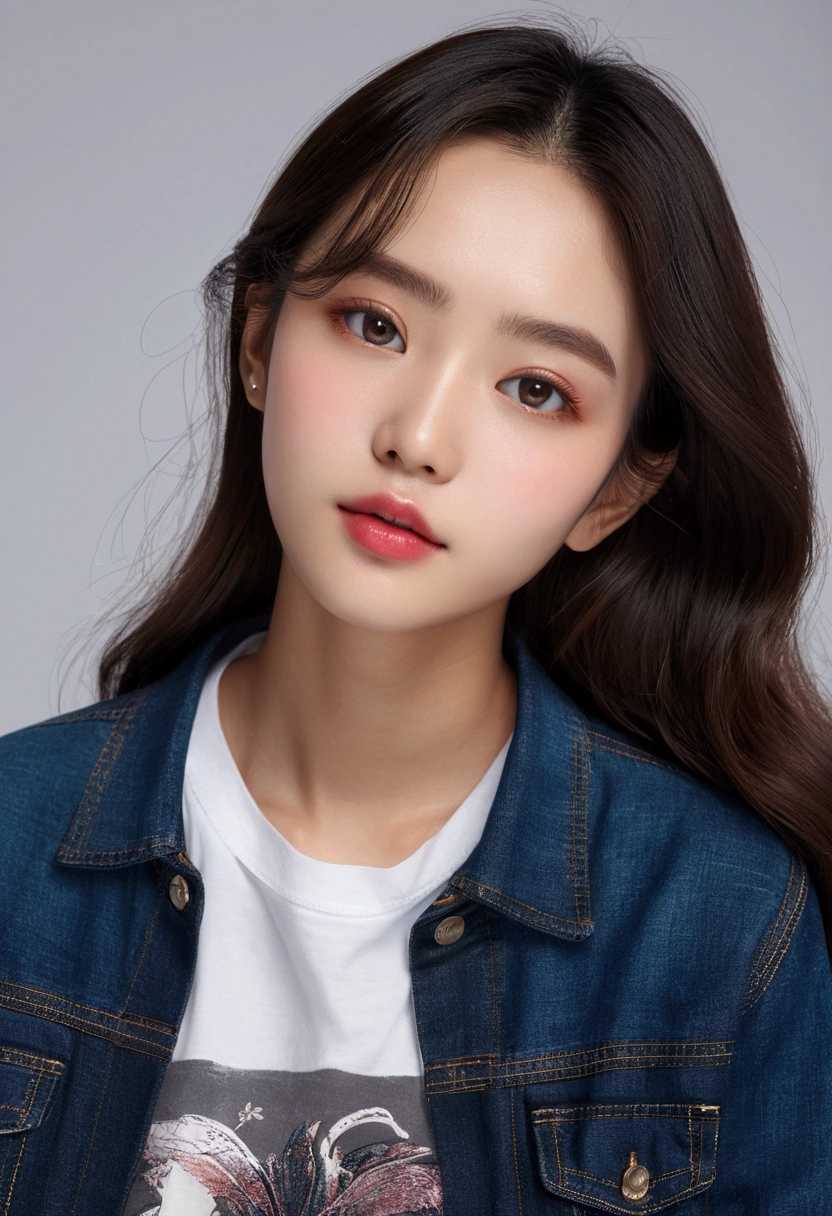((Highest quality、8k、masterpiece:1.3、Ultra-high resolution))、(Clear focus:1.4)、With a girl、1 person、18-year-old、cute、Fair skin、whole body、Recall、From below、(looking at the camera:1.1)、Fine hair、Dark brown hair、Wavy Hair、(Fabric with attention to detail、Jeans and a T-shirt:1.2)、Very beautiful face、Detailed skin、Detailed eyes、I narrowed my eyes.、Watery eyes、Clear Eyes、double eyelid、Reddish cheeky cheeks feel hot、Putting on makeup、sweating、Shiny skin、Glowing Skin、Glowing Skin、Shaded Skin、Detailed lips、