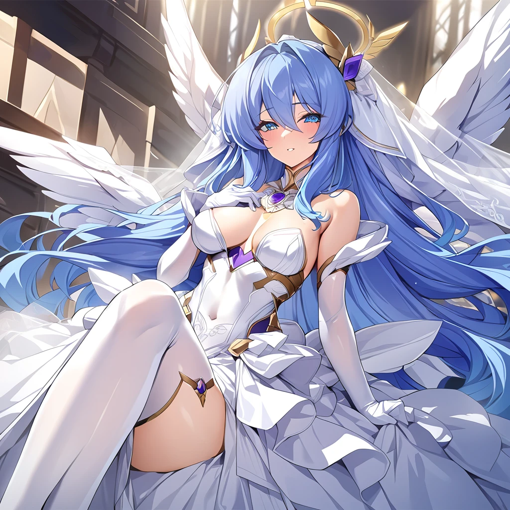 nsfw, masterpiece, Highest quality, Very detailed, score_9, score_8_upper, score_7_upper, score_6_upper, アニメ, aqua_(fire_Embrem_if), azura_(fire_Embremif), Low-tied_long_hair, light_blue_hair, Yellow Eyes, Asymmetrical legwear, barefoot, Opera Gloves, pendant, Single bare leg, White Dress, hair band, Long hair between the eyes, Gold Anklet, Veil, Beautiful Eyes, Perfect Face, Perfect hands, Perfect Fingers, Medium chest, Very beautiful long legs, Puffy nipples, Pussy juice, Sexual Ecstasy, trembling, foot focus, squatting, arms behind head, cowgirl position, girl on top, cum in pussy, vaginal penis,