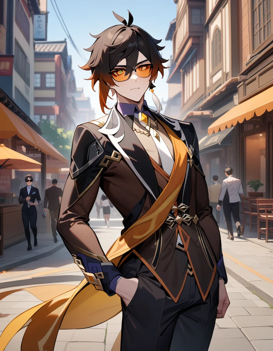 1boy, zhongli \(genshin impact\), genshin impact,officer,perfect Sunglasses, suit,cool,city street,masterpiece,very aesthetic,newest,sensitive