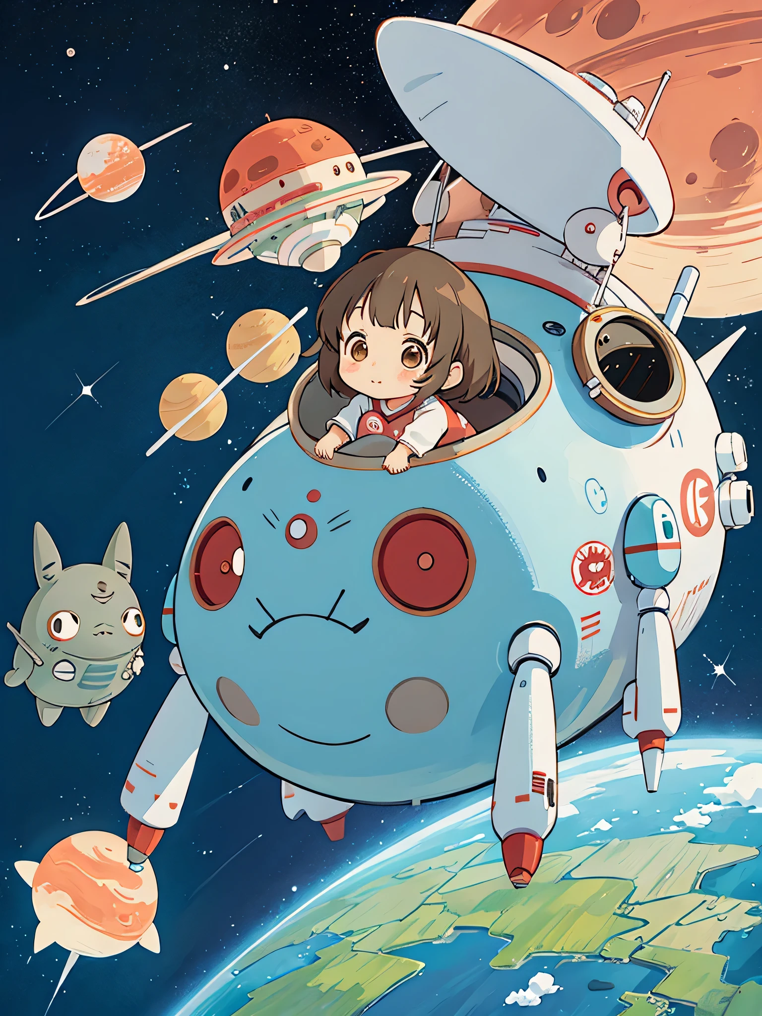 Hayao Mayazaki style, Kawaii Design, The most beautiful girl of all time、Chibi, totoro, Space Travel, Mars, Spaceship