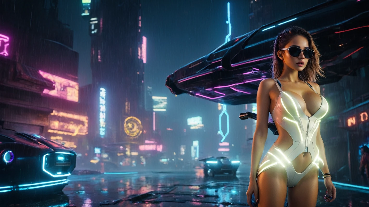 (aerial view, a flying cars docking platform, a very dark abandoned futuristic city, neon lights), rainy night. (((1girl, solo, alone))), large-breast:1.2 slim body, cleavage:1.1, sexy wind blowing wet dress:1.4, (((headphone, black sunglasses, standing and holding pistol:1.8, dynamic rushing pose))), (((((half-body thigh level medium shot))))), cinematic lighting, lens flare, ray tracing.