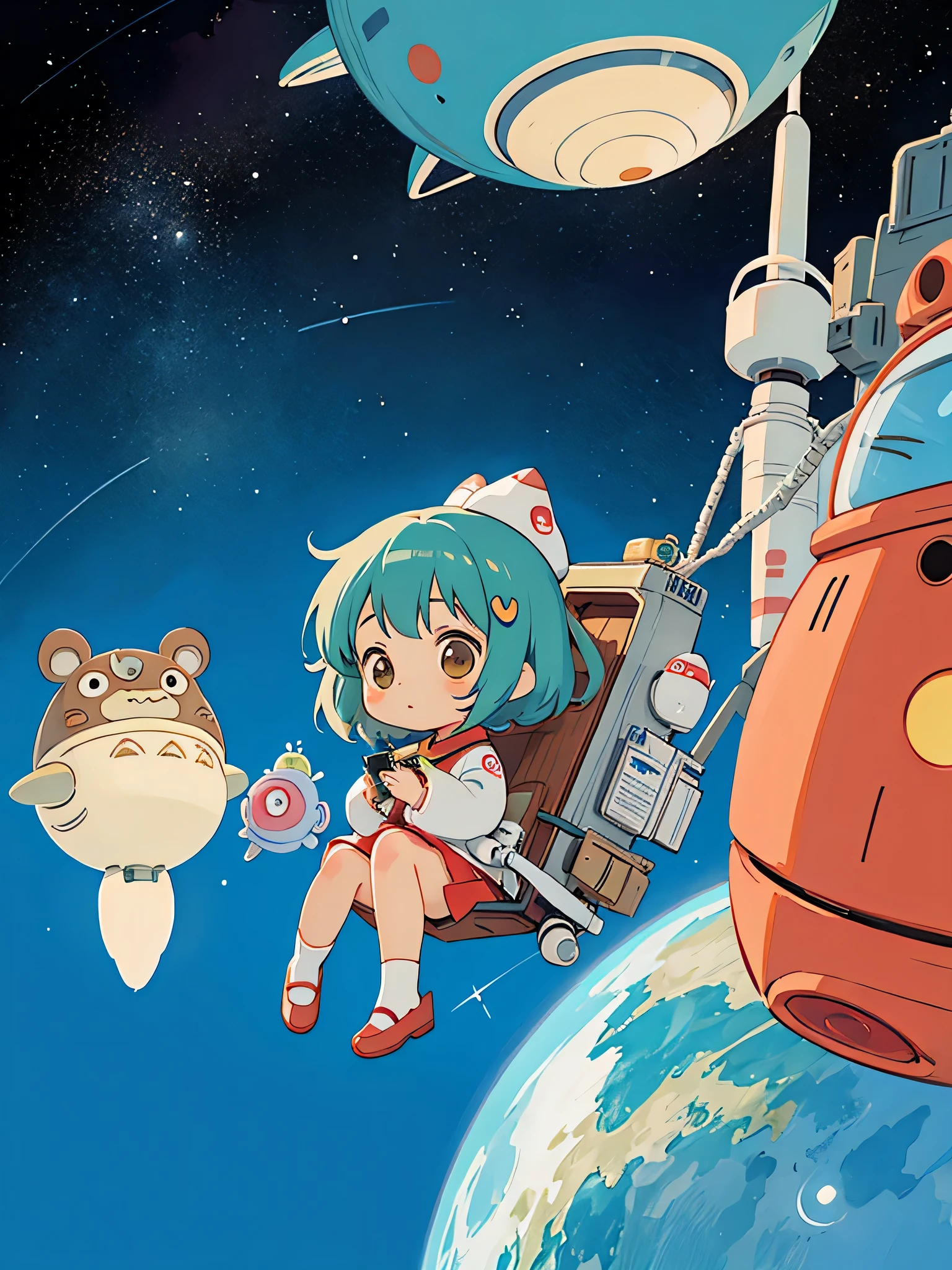 Hayao Mayazaki style, Kawaii Design, The most beautiful girl of all time、Chibi,  totoro, Space Travel, Mars, Spaceship