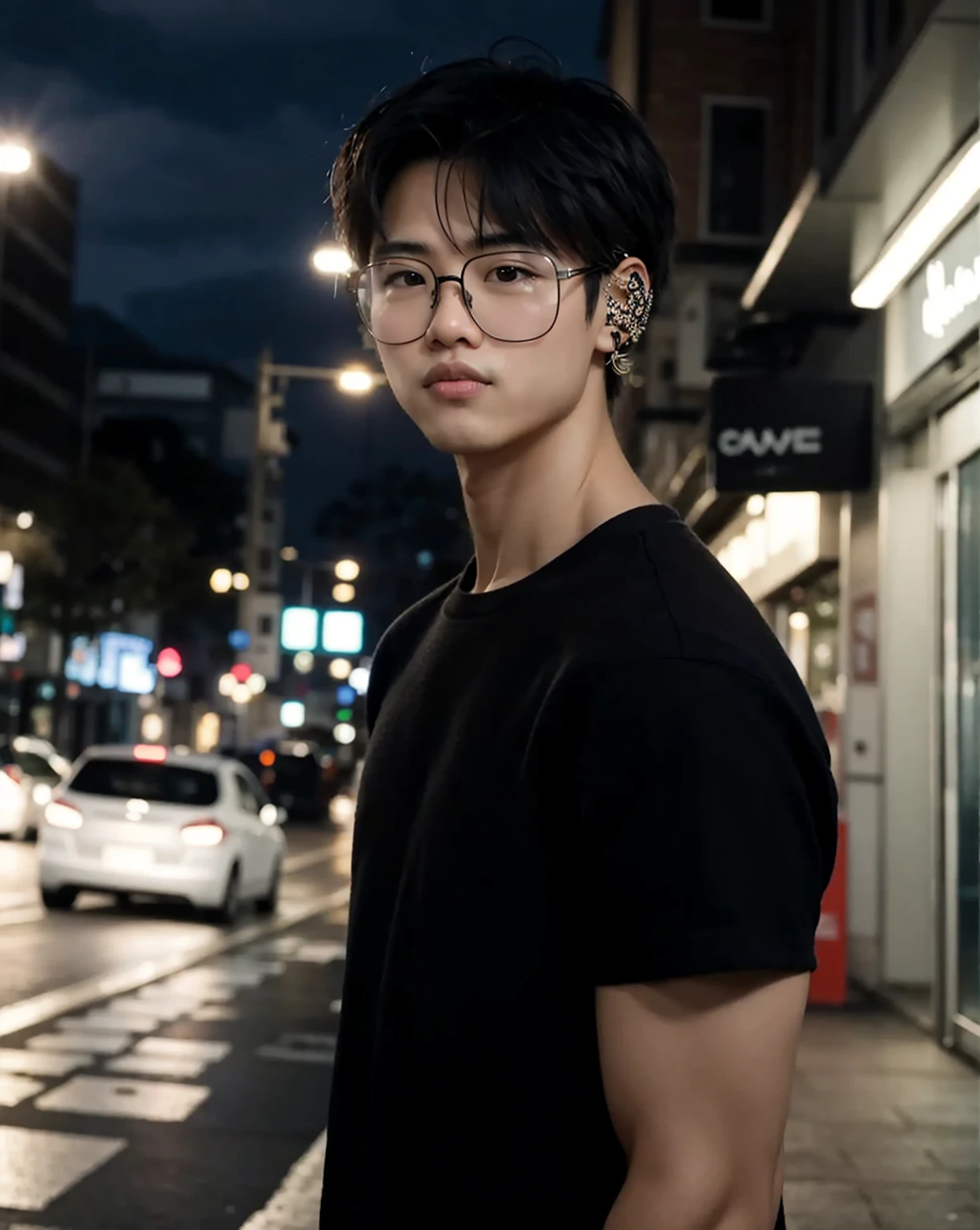 Asian boy, good lighting, smooth, glossy skin, blur background, high quality, 8k resolution, pores, realistic skin, glasses