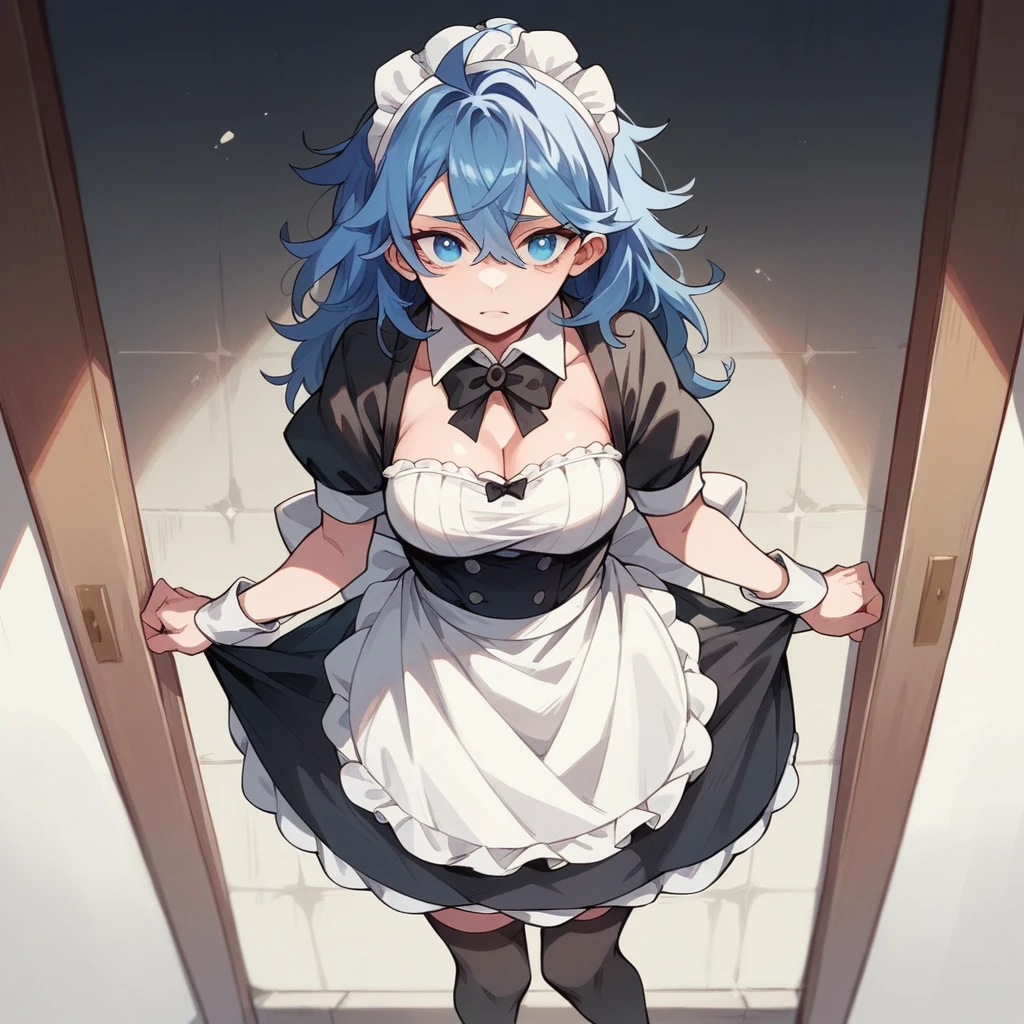 punctuation_9 score_8_High above, 1 ,long white messy hair,shining blue eyes,maid outfit,big tits,blackstockings,background restaurante