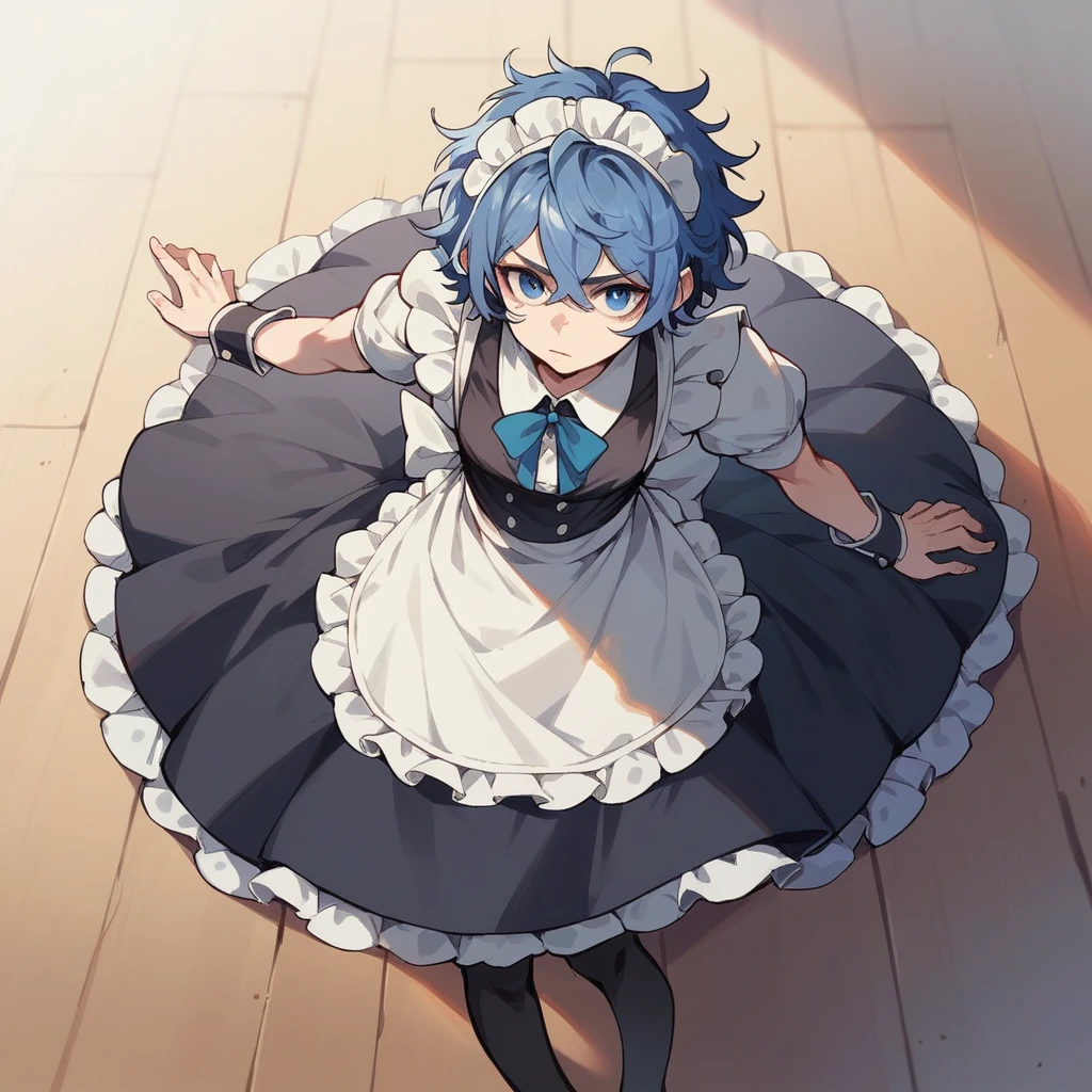 1girl,Alone,rem_\(re:zero\),Blue_eyes,hair_over_One_eye,short_hair,Blue_hair,hair_ribbon,roswaal_mansion_maid_uniform, blushing, annoyed, wet