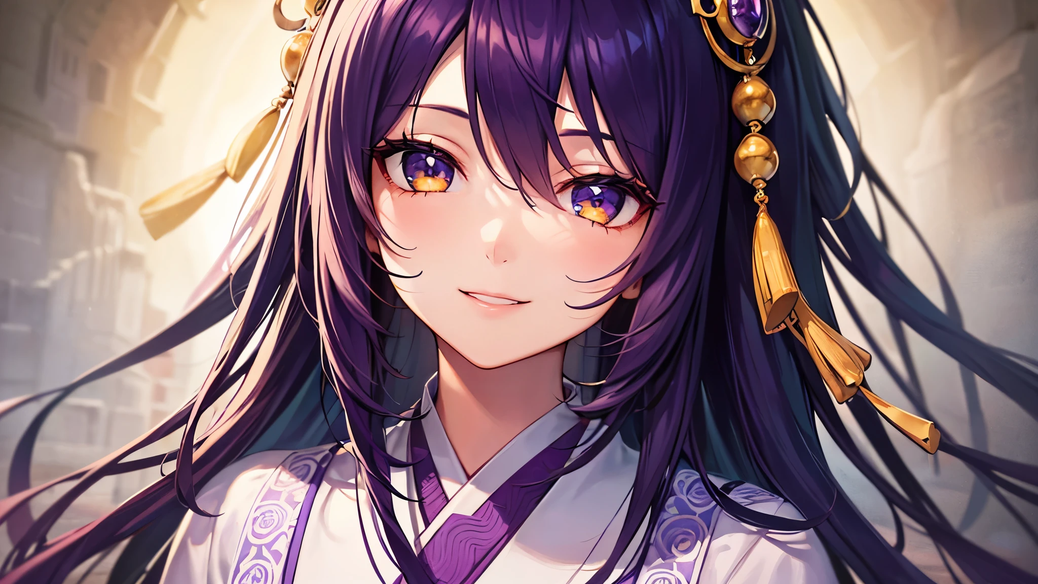 Highest quality, 8k, 4K, High resolution, High Contrast,1girl,only,Beautiful dark purple hair,(Beautifully detailed face), Yellow clear eyes, beautiful eyes, A gentle expression of love, smile, Moderate bust, 20generation, Wearing an amethyst, Deep purple gemstone, Based on purple, Detailed and beautiful natural scenery, Noble Japanese Clothing