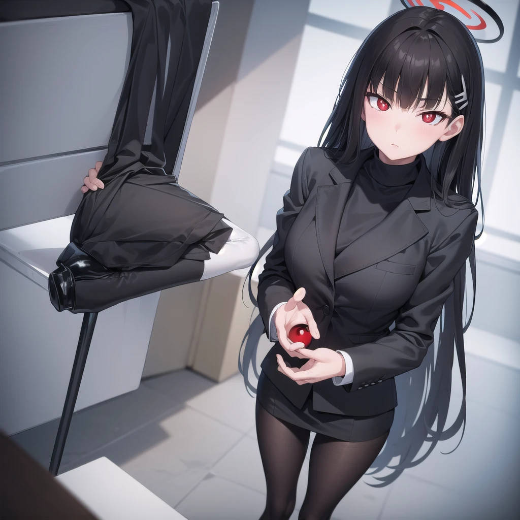 riotsukatsuki, rio, black hair, (red eyes:1.5), hair ornament, hairclip, halo, long hair,
BREAK black footwear, black jacket, black pantyhose, black skirt, buttoned cuffs, high heels, jacket, long sleeves, office lady, pantyhose, naked chest, skirt, sweater, thigh strap, turtleneck, turtleneck sweater, white sweater,
BREAK looking at viewer, 
BREAK indoors, office,
BREAK (masterpiece:1.2), best quality, high resolution, unity 8k wallpaper, (illustration:0.8), (beautiful detailed eyes:1.6), extremely detailed face, perfect lighting, extremely detailed CG, (perfect hands, perfect anatomy),
