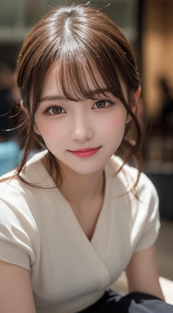 Tabletop, Highest quality, shape, Very detailed, finely, High resolution, 8k wallpaper, 完璧なダイナミックな構shape, Beautiful and detailed,ランダムなcute髪,,Natural color lip, Bold sexy pose,smile、20-year-old girl、cute、Looking into the camera,Always blur the background,Perfect and beautiful face,Slim face and figure,Big eyes、Putting on gal makeup,Small face,Shooting from below、smile,Blurred Background,Elegant feminine face、Cyberpunk Fashion、smile、Real Photo、Raw photo、Real human skin,finely描かれた肌:1,4、Normal anatomy