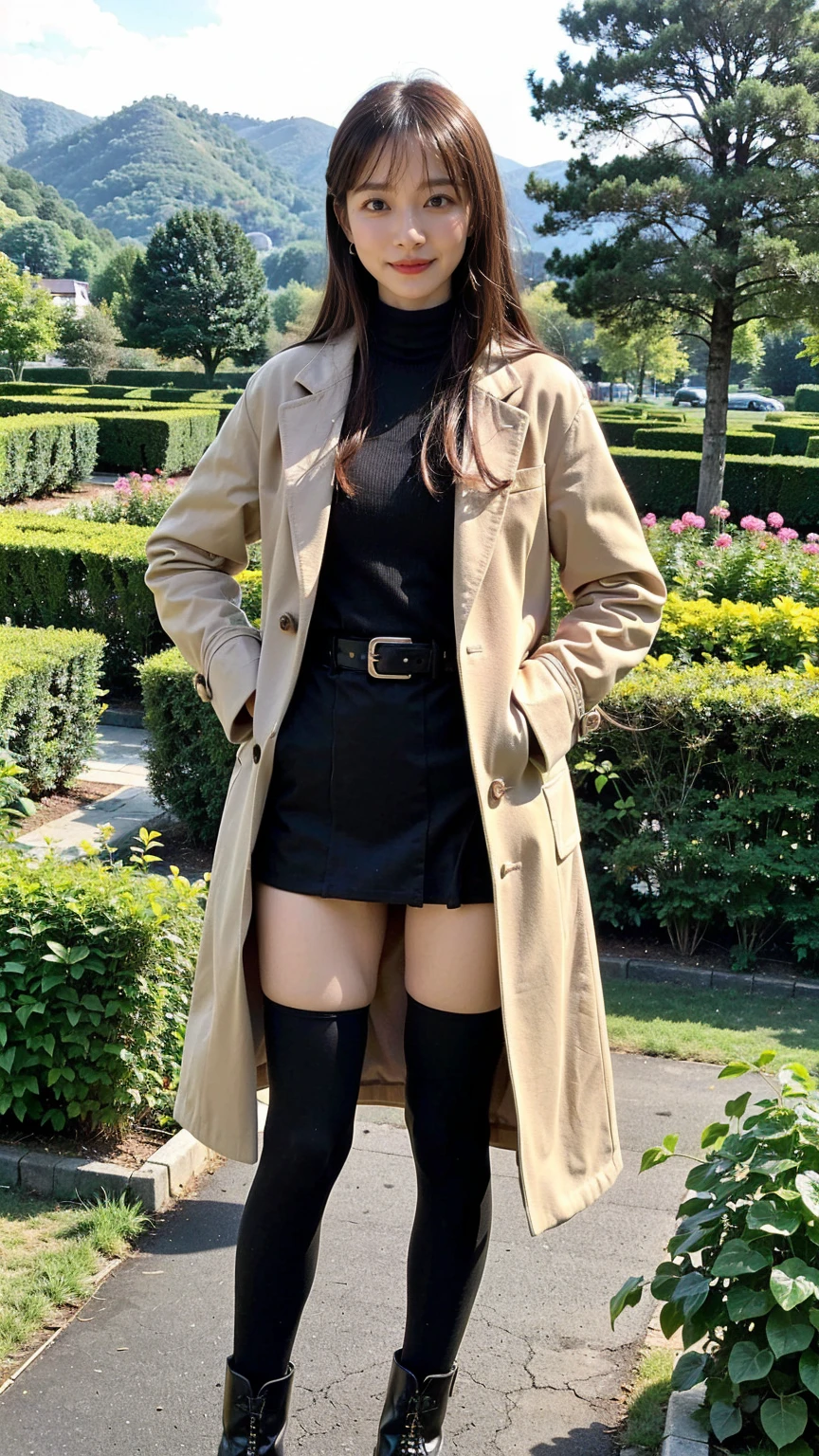 (8k、RAW Photos、Highest quality、masterpiece:1.2)、(Realistic、Realistic)、1 Girl、((Asymmetrical miniskirt、long coat black、Slender legs、boots、one piece、tights、garden、View from the front、Looking at the camera、belt、Hands on your hips))、cute