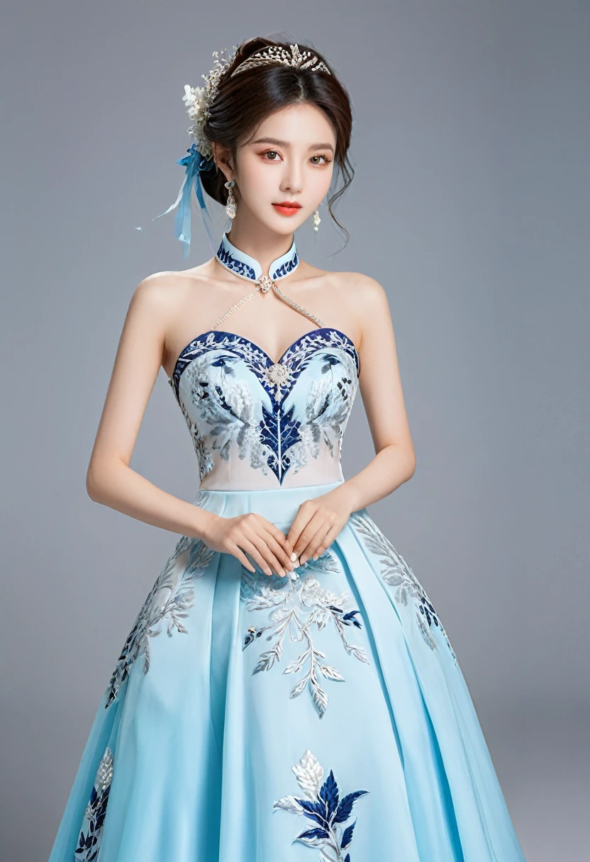 Realistic photo style, whole body 사진에 아름다운 아시아 소녀가 등장합니다., Wearing a unique ethnic style evening gown with delicate skin., bright and lively eyes, Thick eyelashes that look especially attractive. Long dresses are slim and elegant., Eye-catching silver jewelry and alcohol. The high-collar design adds an elegant atmosphere., Color of blue and white porcelain. using light and shadow, The vivid and harmonious appearance of the protagonist is highlighted... whole body, (masterpiece, best quality, professional, perfect composition, very aesthetic, absurd, very detailed, intricate details:1.3)