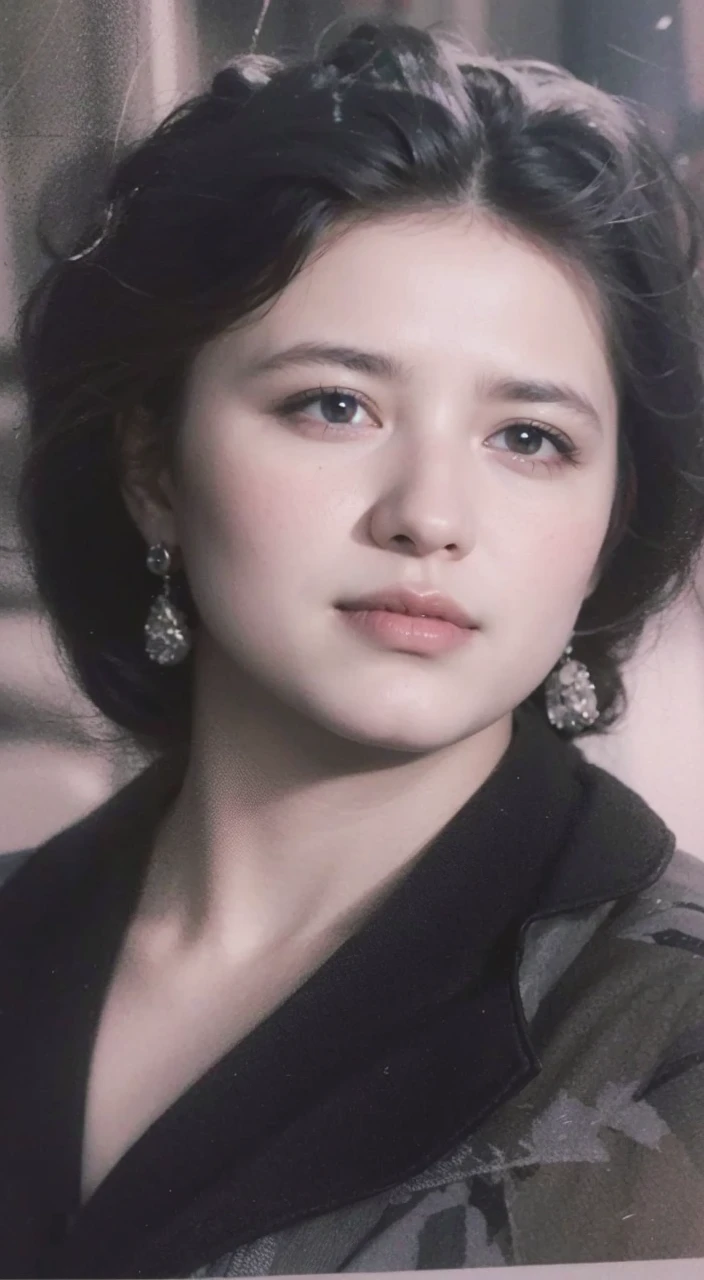 arafed photo of a woman with a black jacket and earrings, photo of a woman, in her early 20s, magda torres, black and white old photograph, portrait of woman's face, portrait of lumastina celerraria