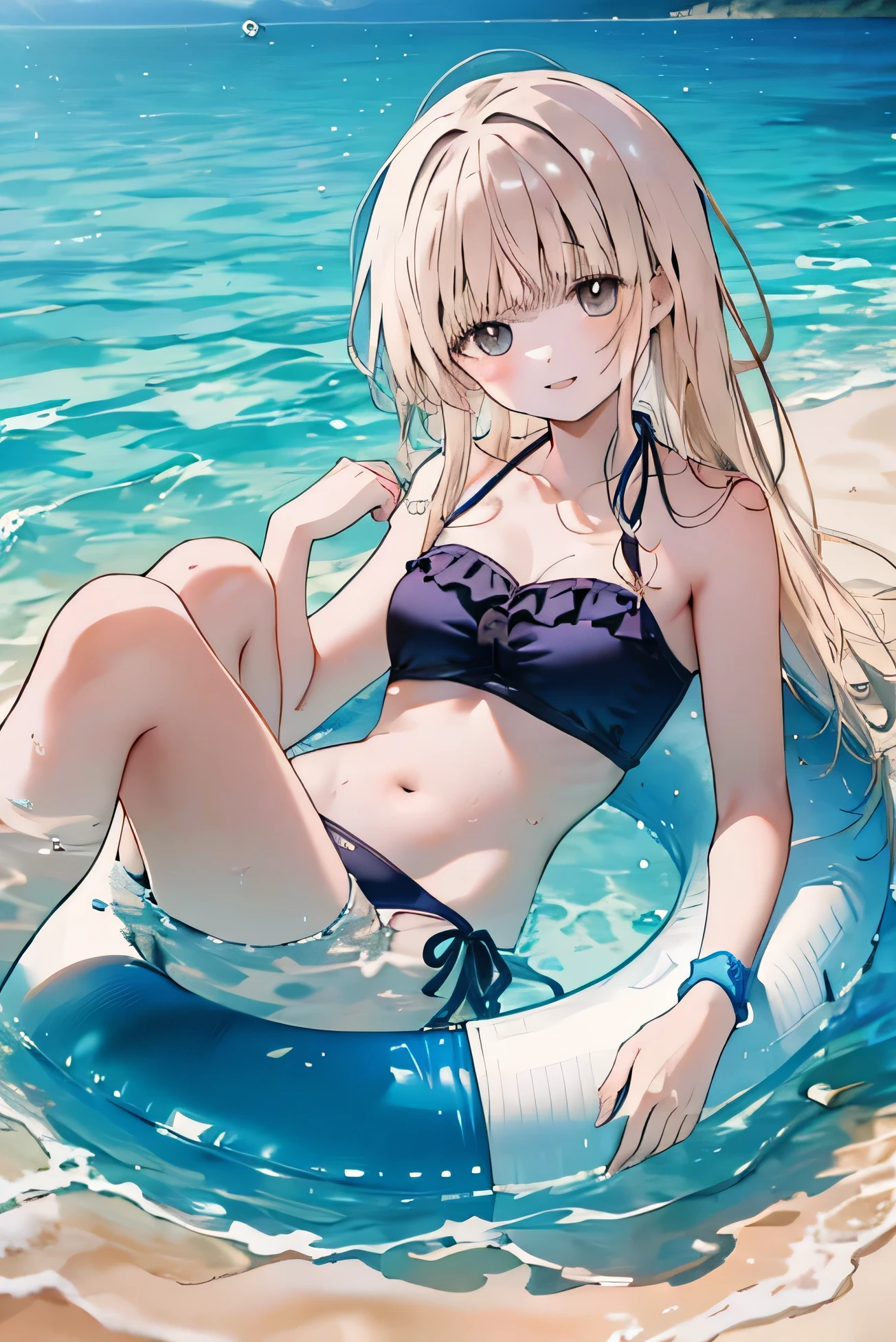 ((Masterpiece, Highest quality)), Anime Coloring、16K、Ultra fine、(Focus on women), (whole body), Clear smile, Open your mouth, ((White bandeau bikini)), ((On the Sea、On the water)) 、((Stylish swim ring))、((Sit on a float))、((Lying on a swim ring))、Put your hands on the float、((Lower Angle))