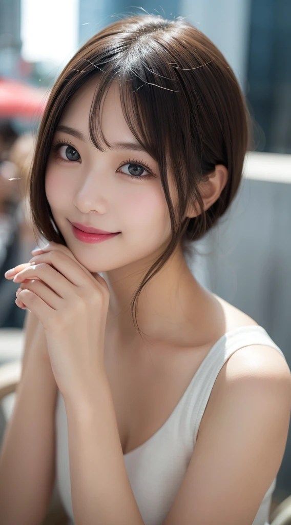 Tabletop, Highest quality, shape, Very detailed, finely, High resolution, 8k wallpaper, 完璧なダイナミックな構shape, Beautiful and detailed,ランダムなcute髪,,Natural color lip, Bold sexy pose,smile、20-year-old girl、cute、Looking into the camera,Always blur the background,Perfect and beautiful face,Slim face and figure,Big eyes、Putting on gal makeup,Small face,Shooting from below、smile,Blurred Background,Elegant feminine face、Cyberpunk Fashion、smile、Real Photo、Raw photo、Real human skin,finely描かれた肌:1,4、Normal anatomy、Beach