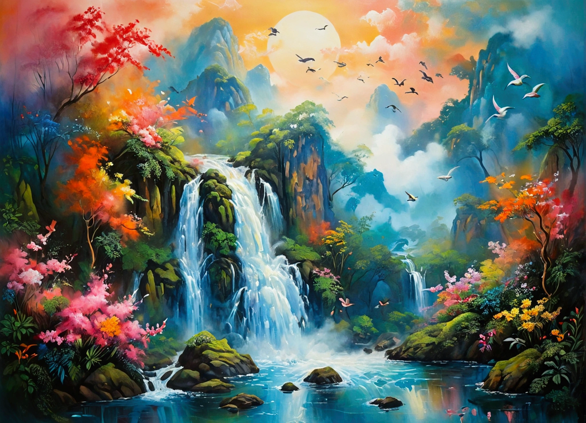 A majestic tranh phong thủy painting on silk, "Harmony of Elements," depicts a serene thác nước waterfall cascading down moss-covered rocks, surrounded by lush greenery and vibrant tropical flowers, as a flock of chim cò birds soar freely above the clouds, filling the sky with a kaleidoscope of colors, from gentle pinks and oranges to radiant blues and emerald greens, evoking a sense of tranquility and balance, with intricate brushstrokes and delicate textures, inviting the viewer to step into a world of serenity and harmony.