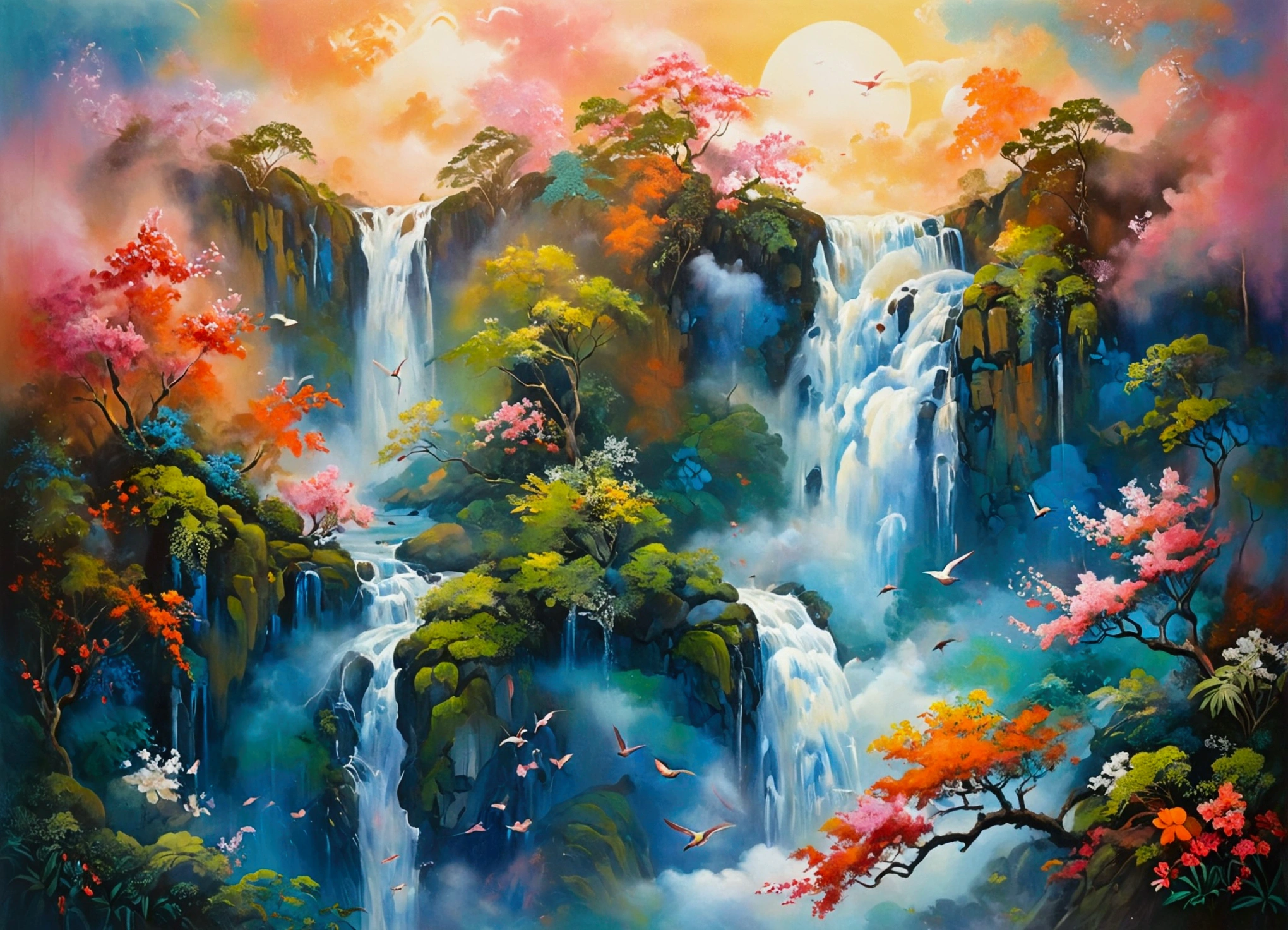 A majestic tranh phong thủy painting on silk, "Harmony of Elements," depicts a serene thác nước waterfall cascading down moss-covered rocks, surrounded by lush greenery and vibrant tropical flowers, as a flock of chim cò birds soar freely above the clouds, filling the sky with a kaleidoscope of colors, from gentle pinks and oranges to radiant blues and emerald greens, evoking a sense of tranquility and balance, with intricate brushstrokes and delicate textures, inviting the viewer to step into a world of serenity and harmony.
