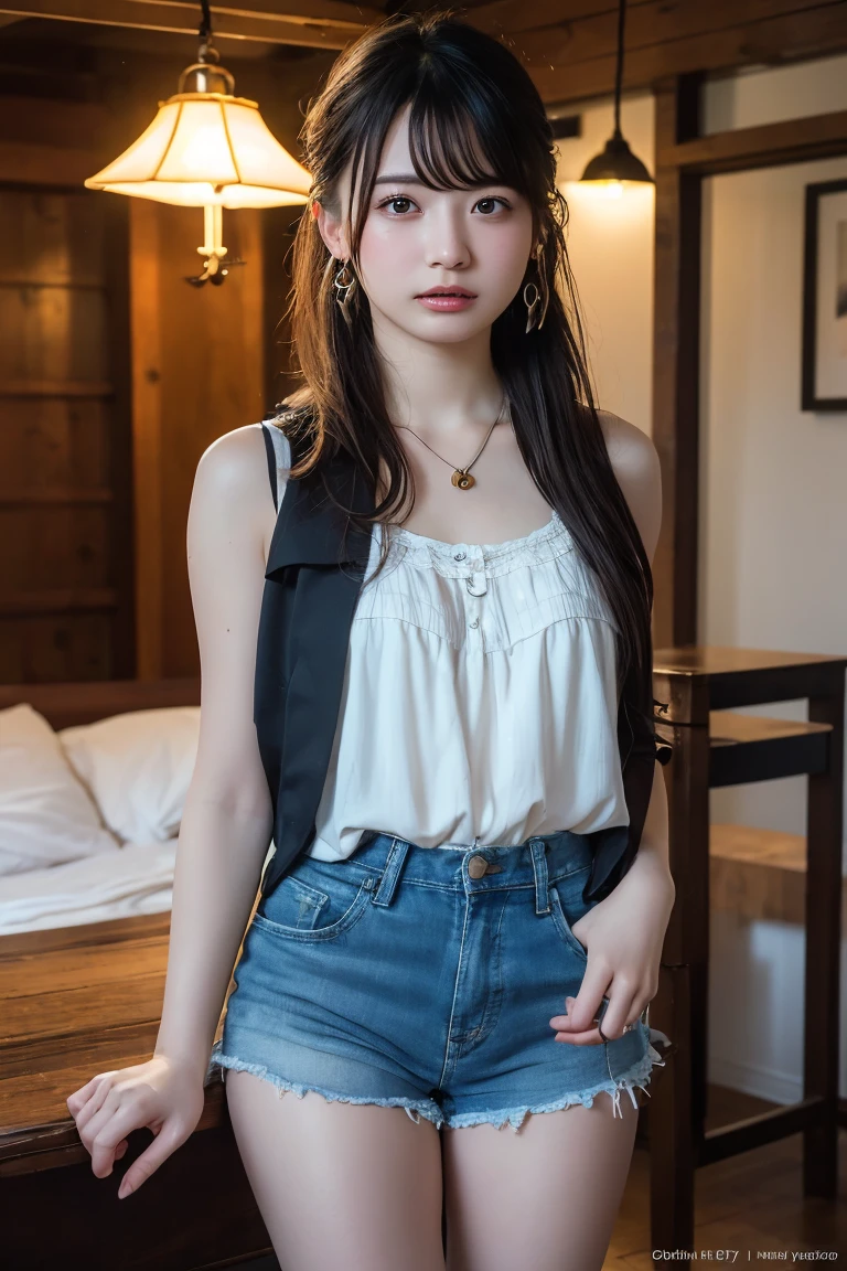 (Highest quality:1.4)，(masterpiece:1.4)，(Realistic:1.4)，(Realistic:1.2)，(超High resolution， RAW Photos:1.4)，(High resolution， Ultra-detailed:1.2)，(8k:1.2)，View your viewers，Cinematic photography，One girl，skeletally correct，Black-haired woman，(Small earrings，necklace，ponytail，Frilled Cami，Shorts)，（Western-style building interior，Dimly lit room，The lamplight shines on my cheeks）