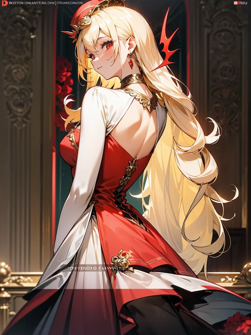 Add in roses to her dress, a good back dress design with some golden jewelry, make her dress into a red and white gown with a hat, give her some unique Jewelry, and make her look somewhat of a demonic angel like appearance to her