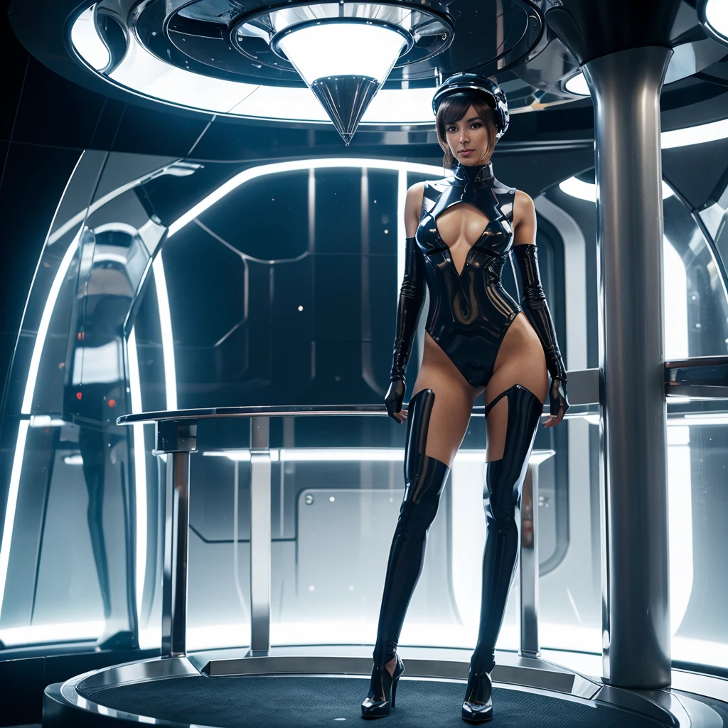 Full-body shot of a seductive woman in a futuristic headpiece resembling a transparent helmet. She has a slender, attractive figure with defined facial features and a mysterious, alluring smile. Her outfit is a semi-transparent, form-fitting material with metallic inserts. Background: the sophisticated interior of a spaceship or a futuristic station. Pose: standing with one leg elevated on a platform, her hands relaxed and her posture exuding elegance and confidence.
