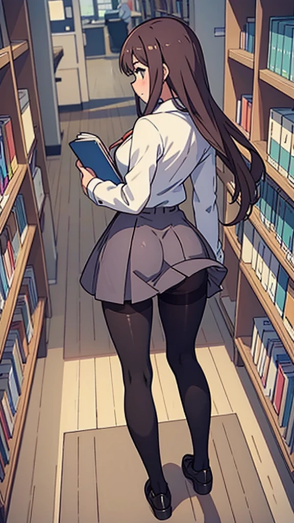 Back view,Pantyhose,high school girl,whole body,library