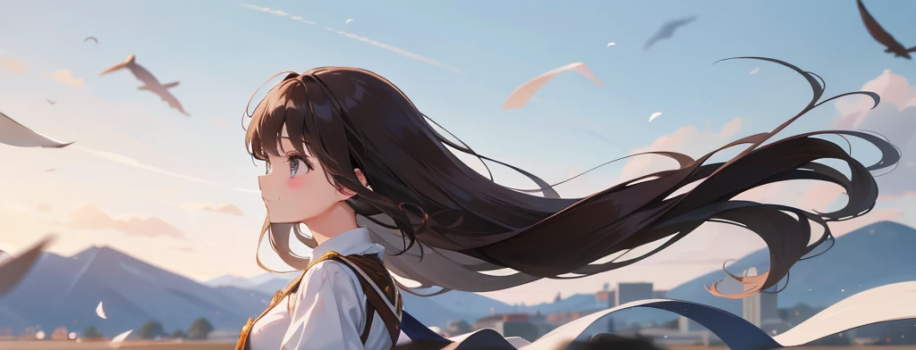 A side profile of a very beautiful young lady, she has long brown hair, her hair flew by the wind, beautiful smile, she's so beautiful