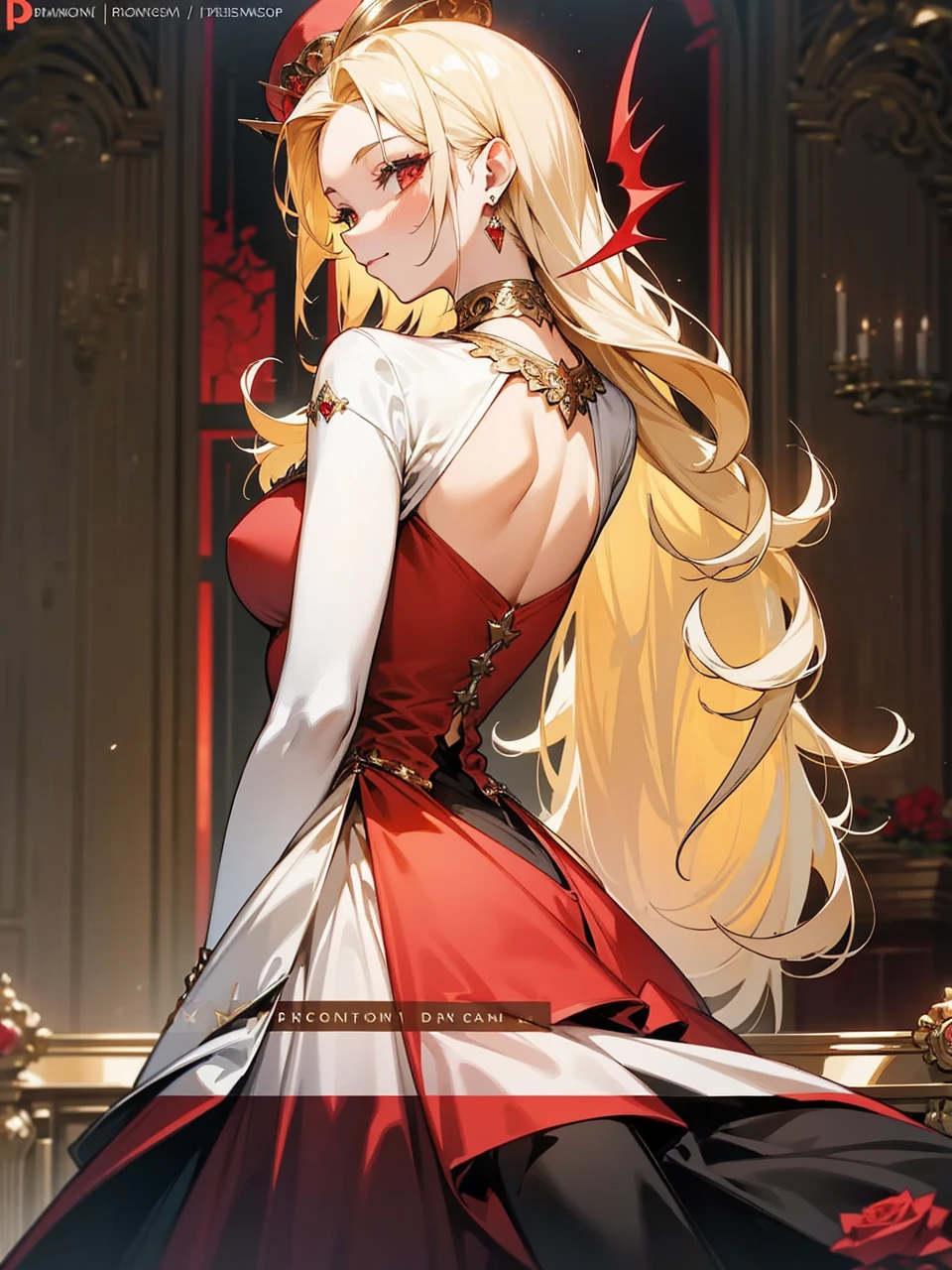 Add in roses to her dress, a good back dress design with some golden jewelry, make her dress into a red and white gown with a hat, give her some unique Jewelry, and make her look somewhat of a demonic angel like appearance to her