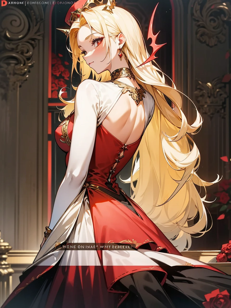 Add in roses to her dress, a good back dress design with some golden jewelry, make her dress into a red and white gown with a hat, give her some unique Jewelry, and make her look somewhat of a demonic angel like appearance to her