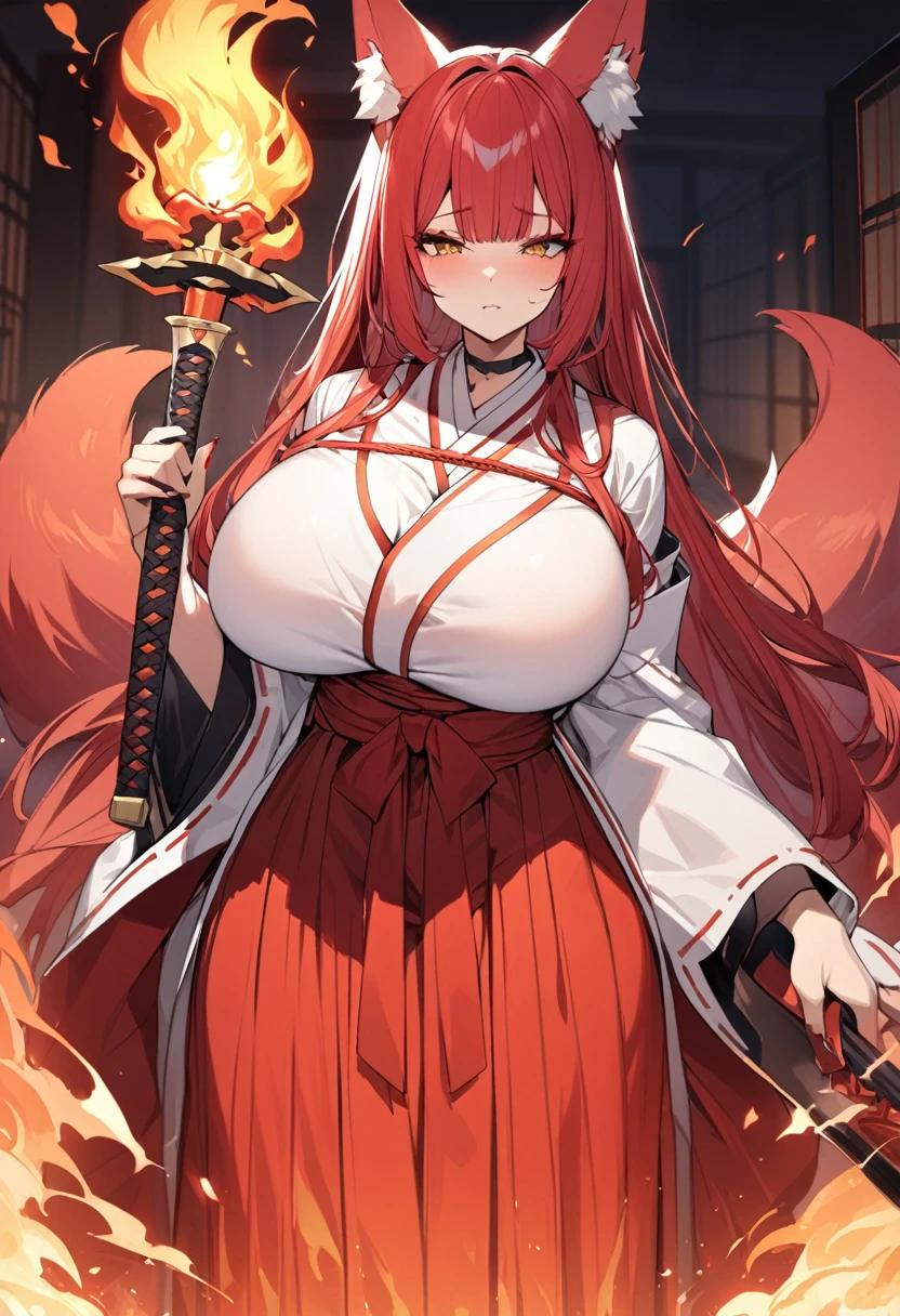 4K masterpiece High brightness crimson hair Very long ponytail Bangs down Mature woman Very large bust Huge breasts Exposed hakama Fox ears and nine fox tails of the same color as the hair Burning sword、Sword、He is wearing a five-fingered flame and is holding a Japanese sword.
