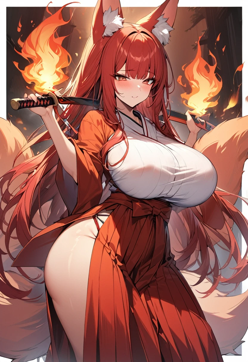 4K masterpiece High brightness crimson hair Very long ponytail Bangs down Mature woman Very large bust Huge breasts Exposed hakama Fox ears and nine fox tails of the same color as the hair Burning sword、Sword、He is wearing a five-fingered flame and is holding a Japanese sword.