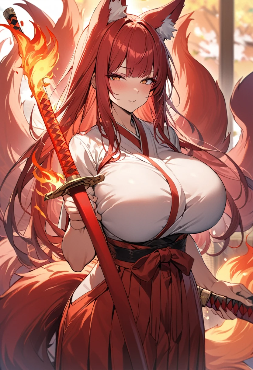 4K masterpiece High brightness crimson hair Very long ponytail Bangs down Mature woman Very large bust Huge breasts Exposed hakama Fox ears and nine fox tails of the same color as the hair Burning sword、Sword、He is wearing a five-fingered flame and is holding a Japanese sword.
