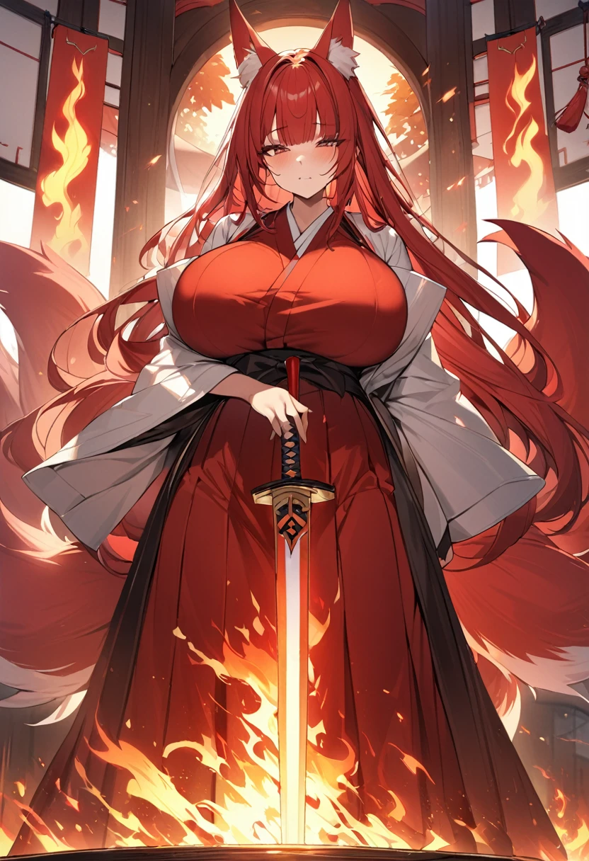 4K masterpiece High brightness crimson hair Very long ponytail Bangs down Mature woman Very large bust Huge breasts Exposed hakama Fox ears and nine fox tails of the same color as the hair Burning sword、Sword、He is wearing a five-fingered flame and is holding a Japanese sword.