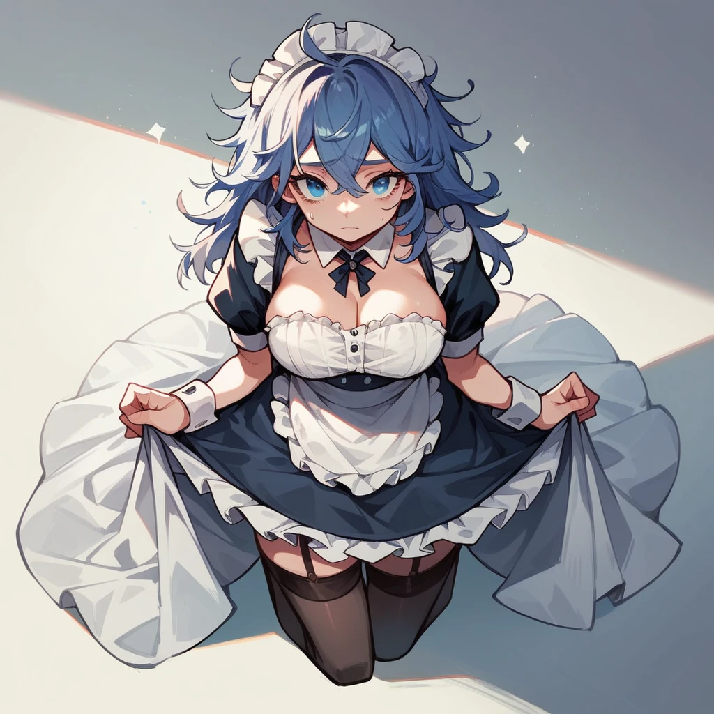 (1 boy) short white curly hair, shota, sad face, blushing, cute face, blue eyes, maid dress, legs spread wide, thick thighs, wide hips, tight clothes (masterpiece, best quality, detailed