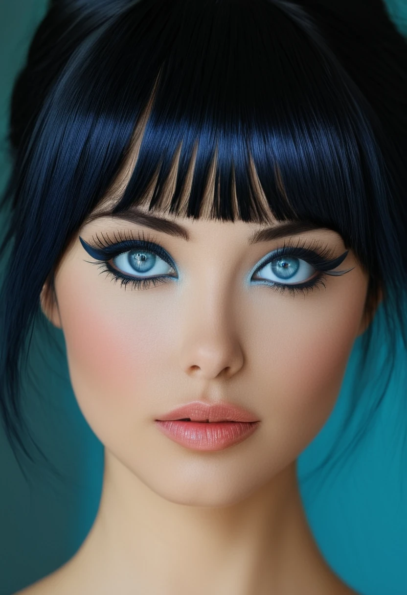 1girl, bellissima, black hair, blunt bangs, blue eyes, black eyeliner,