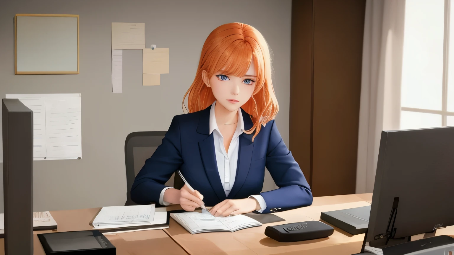 /draw orange hair woman green eyes sitting at desk talking on telephone with computer monitor, 1 9 8 0 s vaporwave business fashion, business woman, 1 9 8 0 s woman, woman in business suit, young business woman, denis velleneuve, female in office dress, sat at her desk, female lawyer, wearing a strict business suit, serious business, working hard, portrait of kim wexler