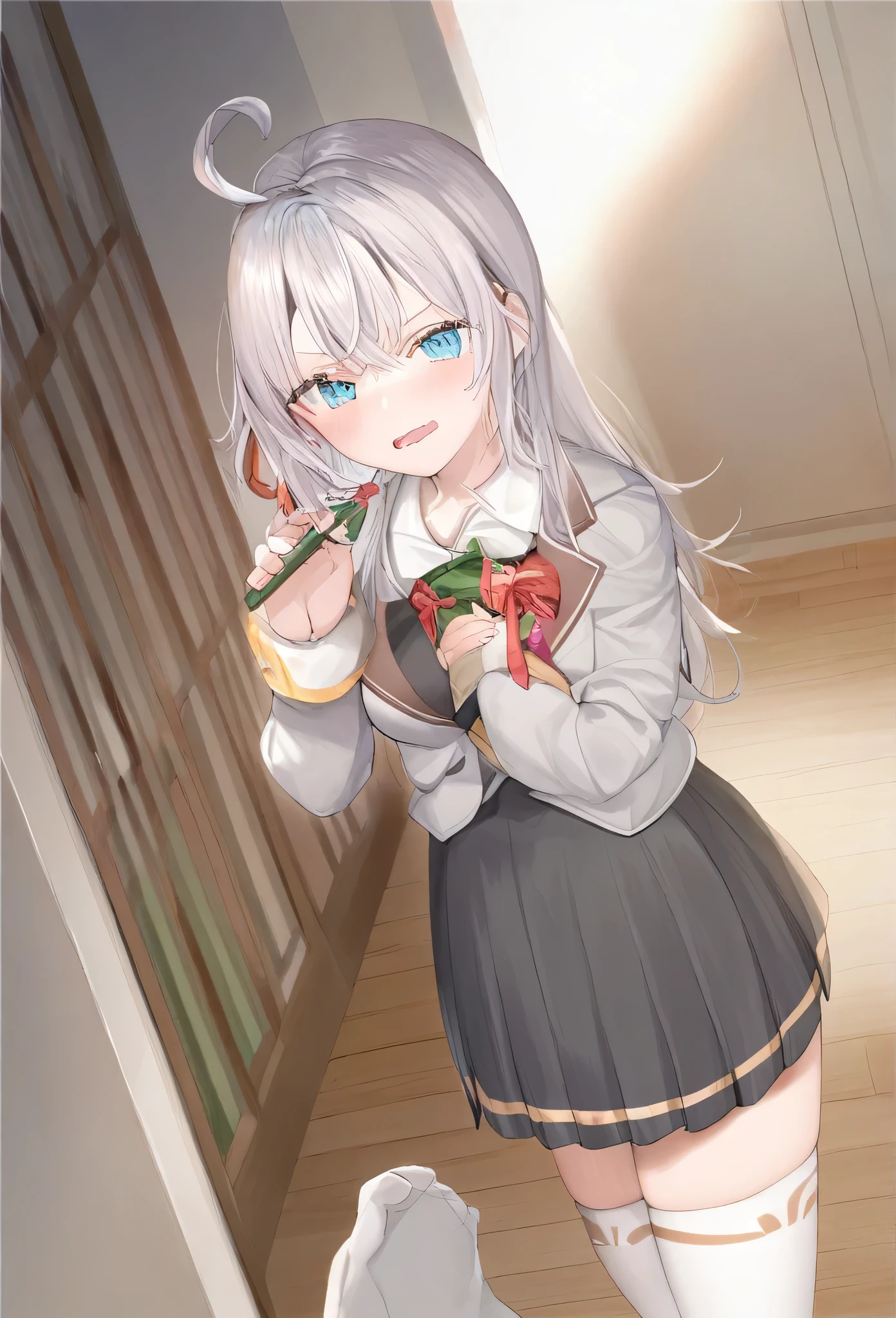 realistically, longhair, glitter silver hair, brown eyes, glowing eyes, white short skirt, super shot skirt, Blush, daytime, Wet from the rain, see through, sleeveless shirt, nipples, , pussy, crotch, smile, hugging your knees, windy, roroa, the skirt is turned up, Hand open skirt, masterpiece, highest quality, very High resolution, (detailed and beautiful eyes), highly detailed face, perfect lighting, Very detailed CG, (perfect hands, perfect anatomy), witch, seduce expression, bottomless, sex appeal, armpit, semen drip from pussy, slender, brown public hair,