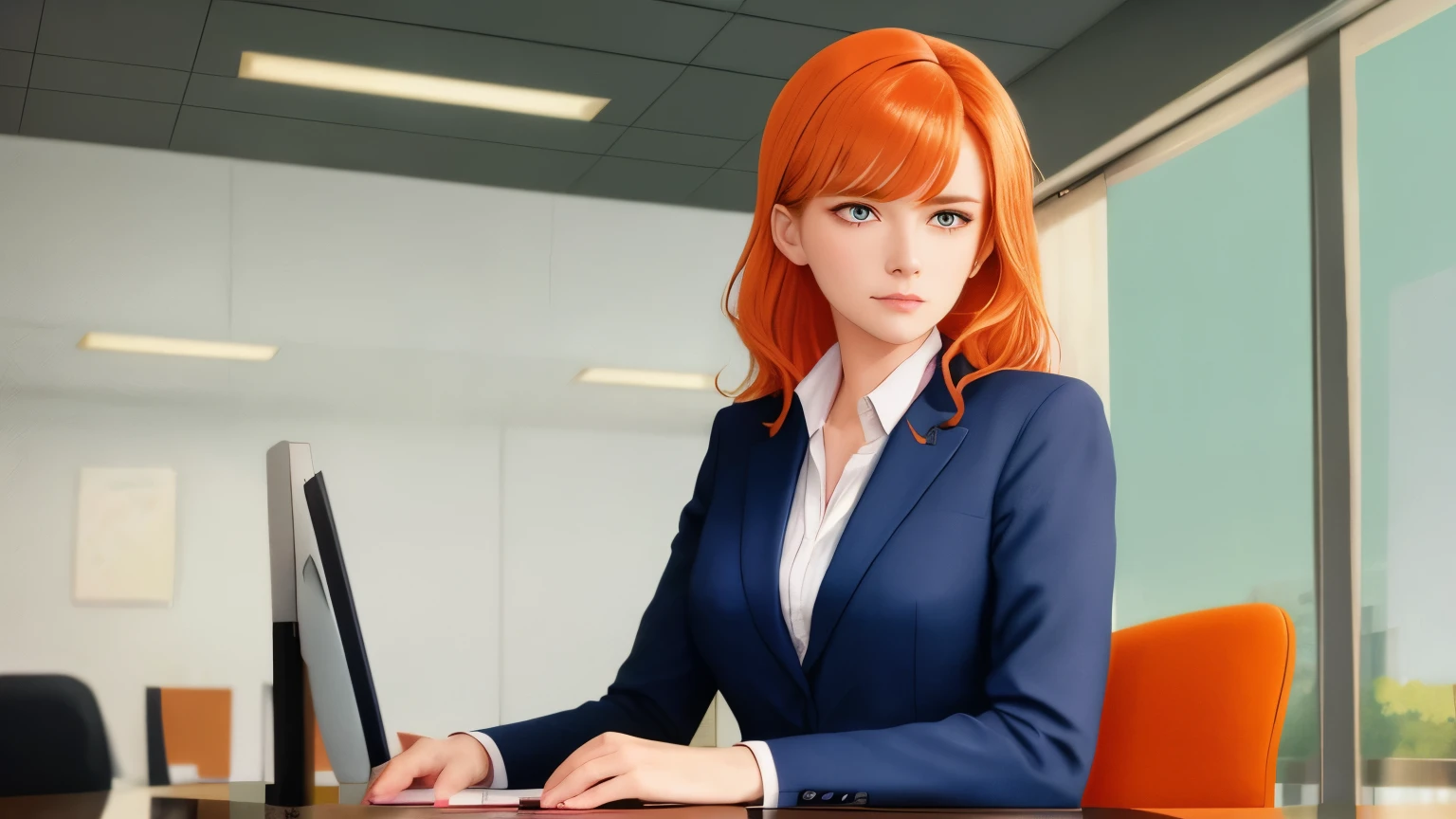 /draw orange hair woman green eyes sitting at desk talking on telephone with computer monitor, 1 9 8 0 s vaporwave business fashion, business woman, 1 9 8 0 s woman, woman in business suit, young business woman, denis velleneuve, female in office dress, sat at her desk, female lawyer, wearing a strict business suit, serious business, working hard, portrait of kim wexler