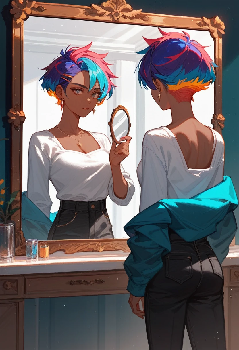 (Fraction_9,Fraction_8_Direction_7_up),1 a woman,(((bust))),Broken mirror,King Glory Mirror,Black pants,Brilliant mirror,fragmented,Colorful hair,short hair,Dark skin tone,