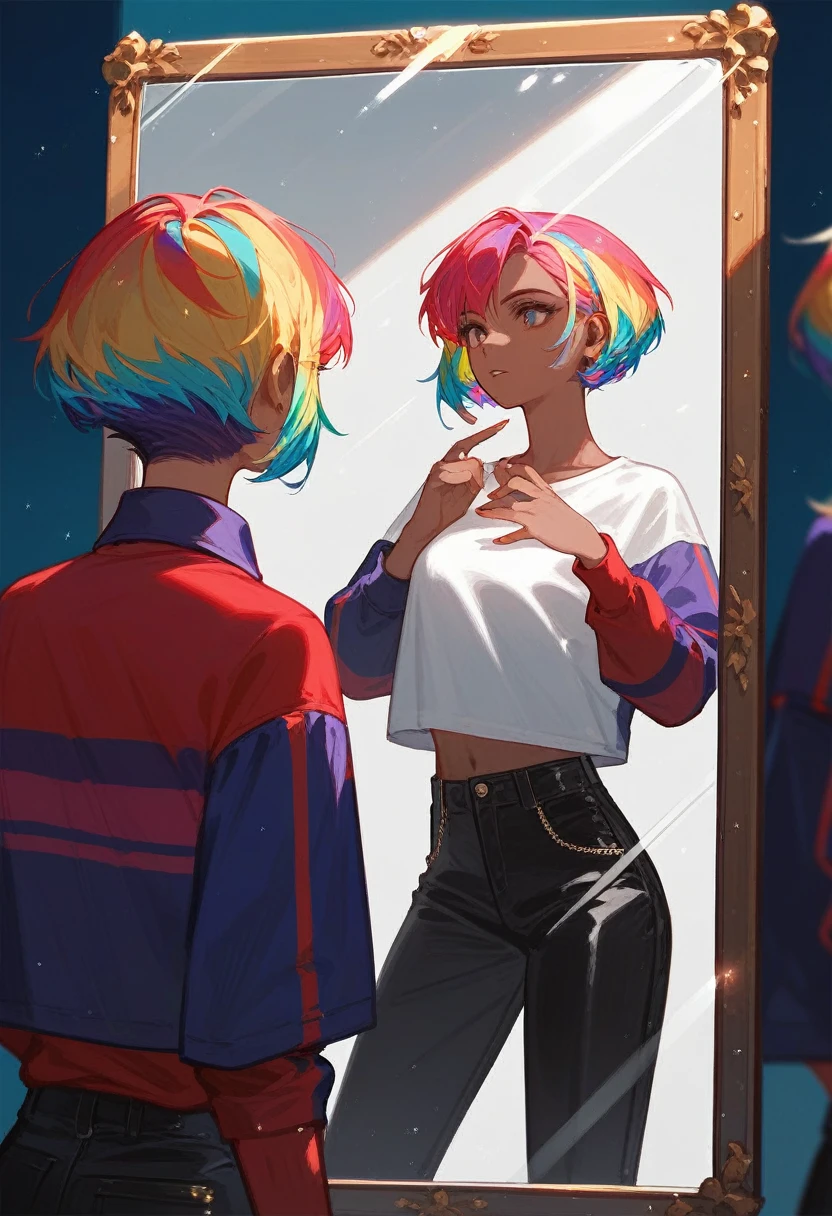 (Fraction_9,Fraction_8_Direction_7_up),1 a woman,(((bust))),Broken mirror,King Glory Mirror,Black pants,Brilliant mirror,fragmented,Colorful hair,short hair,Dark skin tone,
