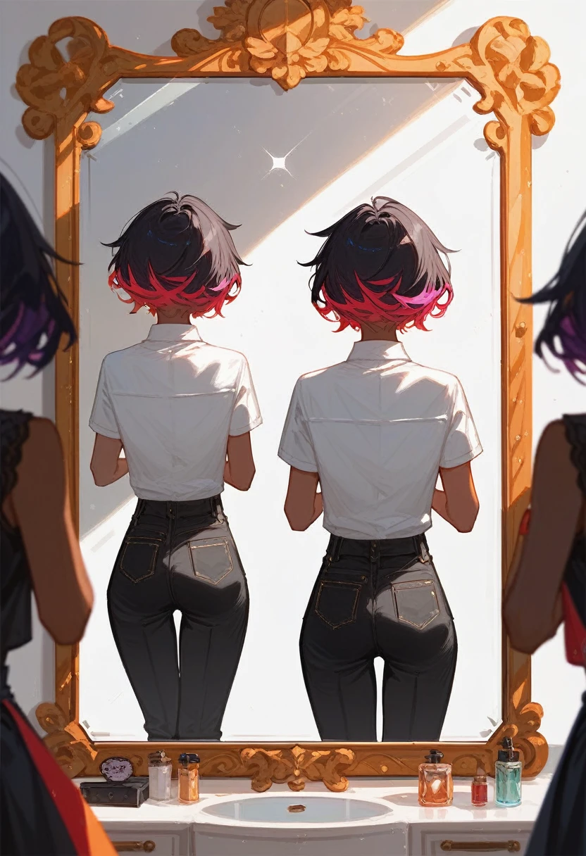 (Fraction_9,Fraction_8_Direction_7_up),1 a woman,(((bust))),Broken mirror,King Glory Mirror,Black pants,Brilliant mirror,fragmented,Colorful hair,short hair,Dark skin tone,