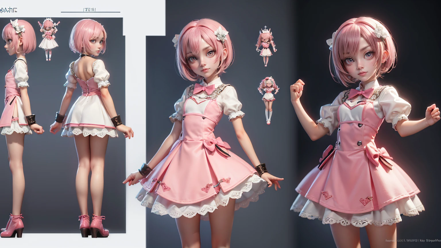cute girl in a short gaming dress , short hairs, ,white dress, smiling face, short pink dress full straight standing pose, 14yo student, Character Sheet, Full body, Simple white background, character reference sheet, Concept art, design sheet, HD, 4k